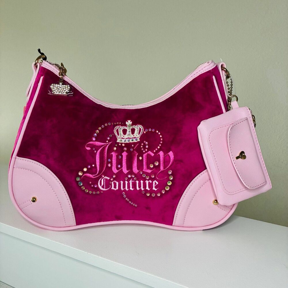 Juicy Couture Velour Shoulder Bag with Coin Pouch Pink Velour Y2K